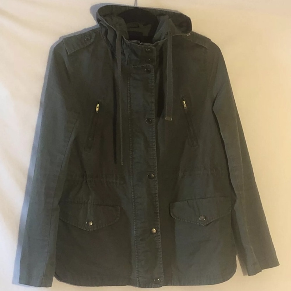 Love Tree Women S Army Green Zip Up Snap Utility Jacket Pockets Hood 100% Cotton